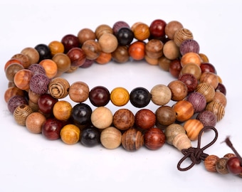 108 Pcs - 8MM Mix Wood Mala Beads Fragrant Natural Wood Round Beads 35" (80046)