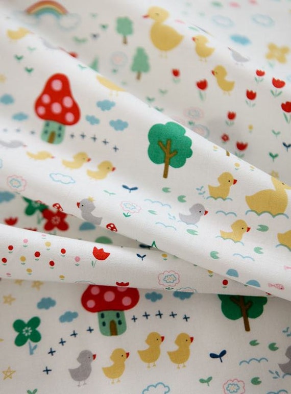 Cute Duck Pattern Cotton Fabric by Yard White