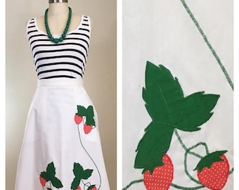 30% Off Sale 80s Strawberry Applique White A-line Wrap Skirt, Size Medium