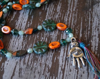 Unlisted - Seeing Eye Necklace - Hand - Boho Necklace - Green and Orange - Long Knotted Necklace - Handmade Jewelry - Bead Soup Jewelry