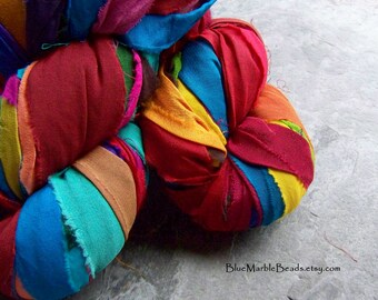 Recycled Sari Ribbon, Silk Sari Ribbon, Chiffon Silk Ribbon, India, Reclaimed, Multi Colored, Prayer Flag Colors, Tassel Ribbon, 5 Yards