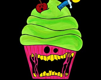 Zombie Cupcake Print, Zombie Cupcake Art, Cupcake Horror Art, Horror Painting, 8x8 Inch Print, Cute Cupcake Art, Colorful Dead Cupcake Art