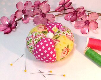 Pincushion, Bright Modern Rose Tomato Pincushion in Yellow, Pink, White and Green- Ready to Ship