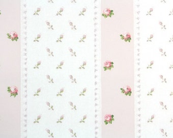 1950s Vintage Wallpaper by the Yard - Pink Rose Buds on Pink and White Stripes, Floral Wallpaper