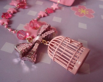 Baby Pink Bird Cage Kawaii Beaded Chain Bow Necklace
