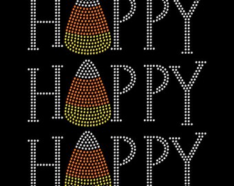 Happy Happy Happy Halloween Candy Corn Rhinestone Iron On Transfer Hotfix Bling