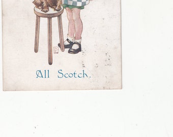 ALL SCOTCH Girl With Scottie Dog Wearing Tam & Breastplate Dog Postcard Dog Art