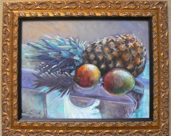 Pineapple Still Life, Original Oil Painting, 14x18" Oil Painting, Custom Frame, Ready to Hang