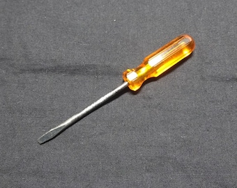 1960s Small Screwdriver with Orange Lucite Acrylic Handle, 1/8 Inch Flat Head, 4.25 Inches Long, Vintage Home Tool, Sewing Machine Accessory