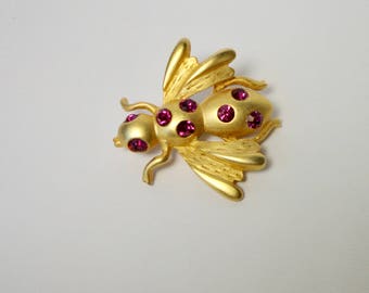 Gold Tone Metal with Pink Rhinestone Insect Brooch/Pin. Bee Brooch. Free Sh.