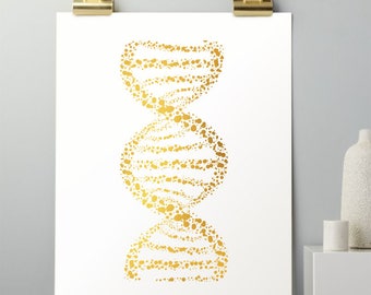 DNA Strand Molecule Gold Foil Print - DNA Wall Decor - Genetic Code - DNA Double Helix - Biology Science Illustration - Science Art Print