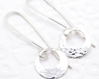 Silver Go Go Earrings with Small Round Discs with Peepholes in Solid Sterling with Long Handmade Ear Wires