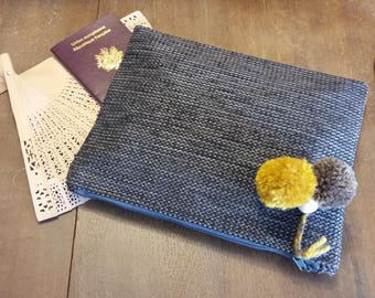 Slate Jacquard and cotton - tassel pouch wool