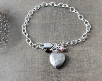 Silver Locket Bracelet, Tiny Locket Charm, Sterling Silver Bracelet, Heart Locket, June January Birthstone Bracelet, Push Present Bracelet
