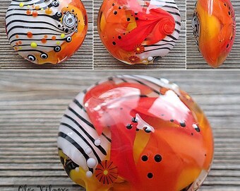 Focal lampwork lentil bead Stripes&Fire