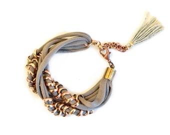 Light Brown Fabric Bracelet, Woven Chain and Jersey, Oatmeal Brown Layering Bracelet and Oldgold Chain