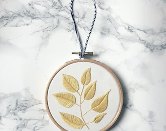 Plant Embroidery Hoop- Mustard, Leaf Embroidery, Embroidery Hoop Art, Botanical Embroidery Hoop