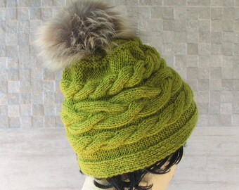 Women's Hat Lemon, Hand Knit Beanie / Vegan Pom Hat / Chunky Knit For Ladies