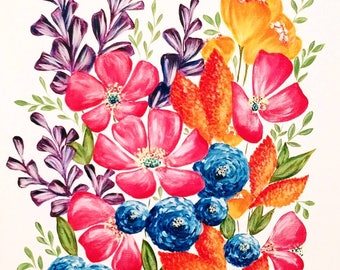 Whimsical flowers acrylic painting - art print, wall art