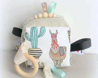 llama baby block, teething toy, alpaca sensory soft toy, ribbon cloth block, taggy toy, baby toy, wooden teething toy, plush baby toy