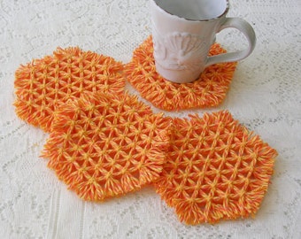 Orange Hand Woven Coasters – Hexagon Handwoven Coaster Set - Lap Loomed Coasters - Drink Coasters - Shabby Cottage Chic Home Decor