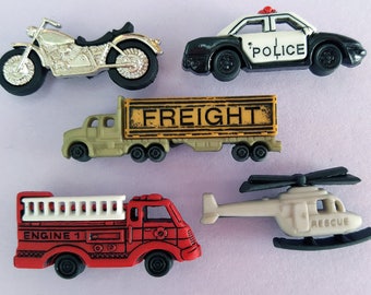 READY TO ROLL Motorbike Rescue Helicopter Police Car Fire Engine Dress It Up Buttons
