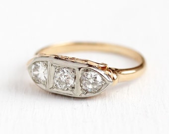 Vintage Diamond Ring - 1930s 14k Yellow & White Gold .47 CTW Anniversary Band - Art Deco Size 6 1/4 Engagement Wedding Appraisal Jewelry