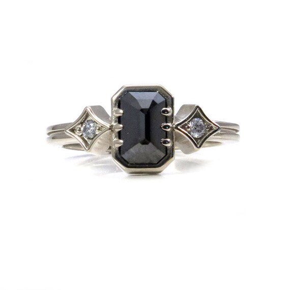 Emerald Cut Black Diamond Engagement Ring with White Diamonds Sides - Two Paths Three Stone Ring