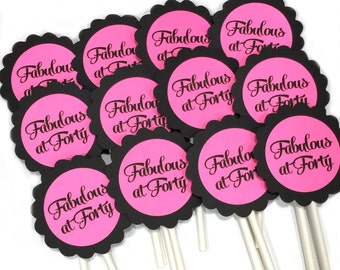 40th Cupcake Toppers - Fabulous at 40, Black and Pink or Your Choice of Colors, Set of 12