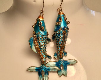 Cloisonné Koi Fish Articulated Pierced Earrings