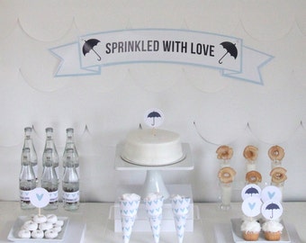 PRINTABLE umbrella 'sprinkled with love' party decor, labels and signs- complete printable party kit by kojodesigns