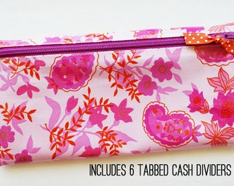 Floral budget wallet with 6 tabbed dividers | pink, fuchsia, dark orange, paisley laminated cotton