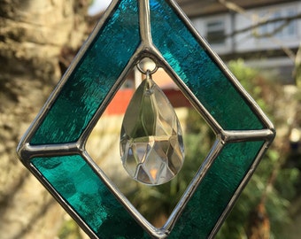 Stained Glass Suncatcher Teal Blue Colour Art Diamond Shape Color - CRhodesGlassArt