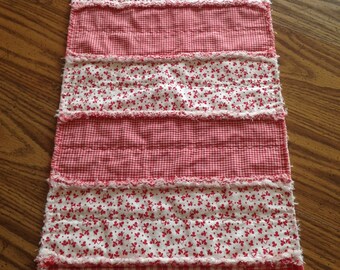 Country Table Runner, Red Runner, Quilted Runner, Red Table Topper, Handmade, Runner, Primitive Runner, Rag Strip, Farmhouse, Country Decor