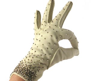 Bronze BEADED Evening Gloves - 9 Inch OperaGloves - Tan Double-Woven Cotton with Bronze Beads / Size 6.5