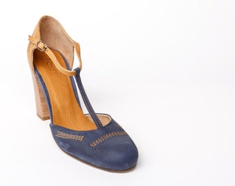 Leather high heel SHOES mary janes, leather women's SHOES, camel and blue womens SHOES, womens heels, blue mary janes, new leather shoes