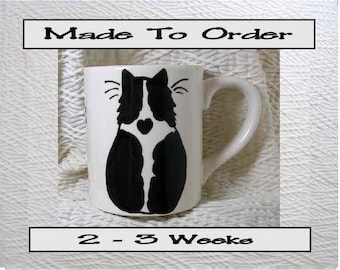 Black & White Cat Mug Original Handmade To Order With Paws On Back by GMS