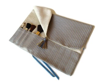 Makeup Brush Roll Blue and Gold Beauty Gift