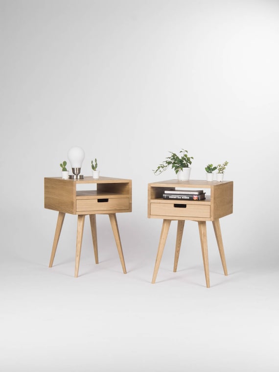 pair of mid century modern nightstand bedside table end table with solid oak drawer and open shelf oak wood - Modern Nightstand pair of mid century modern nightstand bedside table end table with solid oak drawer and open shelf oak wood - Modern Nightstand