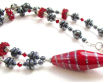 Red Spiral Lampwork Pendant Necklace with Beaded Beads, Crystals, Haematite, and Silver