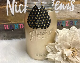 Black & Gold Polka Dot Genuine Leather Earrings