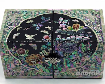 Mother of Pearl Inlaid Wood Secret Keepsake Treasure Jewelry Box Storage Nacre Ring Earring Chest Trinket Case Korean Mother Girl Gift