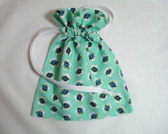Drawstring Fabric GIFT BAG / Blue ROSES on Aqua Fabric / Multi-Purpose Drawstring Bag / Floral Gift Bag