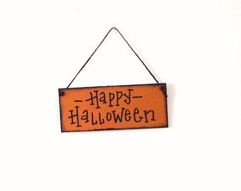 Halloween sign party decor, hand painted Happy Halloween, reclaimed wood sign, orange and black, front door decor, wall decor, holiday sign