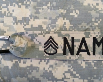 US ARMY ACU digital luggage/gear tag embroidered with your name and rank 2 x 8 inches with black carabiner