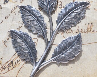 Large Neo Victorian leaf spray, brass stampings, Sterling Silver Ox finish, Craft Supplies by Calliopes Attic