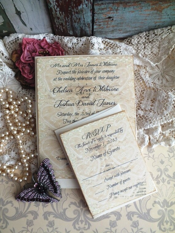 Vintage Lace & Sheet Music Wedding Invitation Suite Handmade