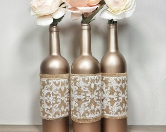 Wine Bottle Decor, Wine Bottles Decorated, Wine Bottle Vase, Wedding Wine Bottles, Rustic Wedding Decor, Rustic Wedding Decorations,
