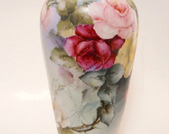 Antique Limoges France Porcelain Vase Hand Painted Roses 13"~ c.1900 ~ OFFERS Welcomed