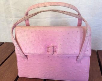 Lucille de Paris Authentic Exotic Pink Ostrich 80's Satchel Bag Made in USA